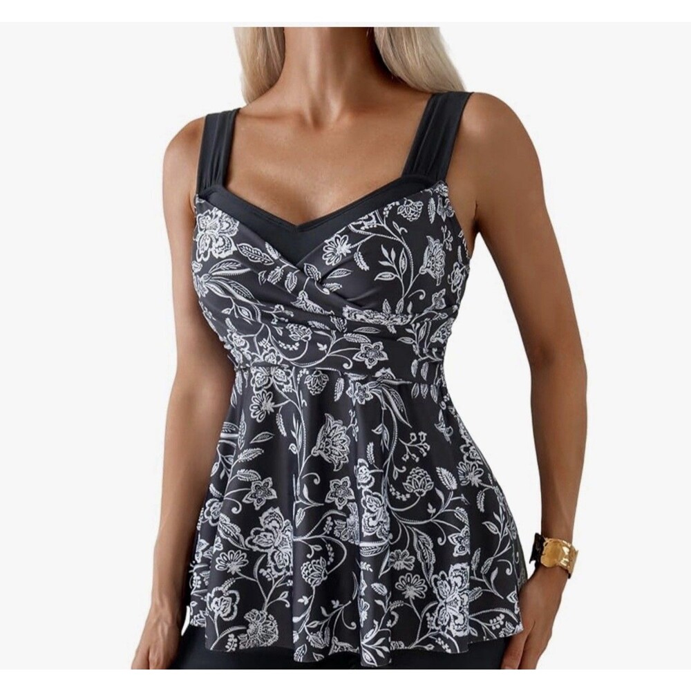 Womens Tankini Bathing Suit Tummy Control Blouson Swimsuit top floral black XL